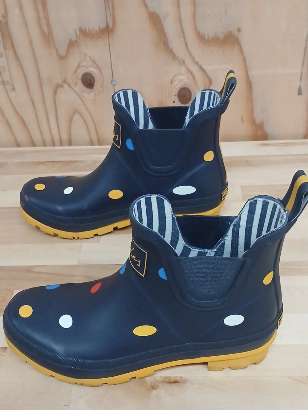 Joules Navy Polka Dot Short Rain Boots with Yellow Soles Size 6